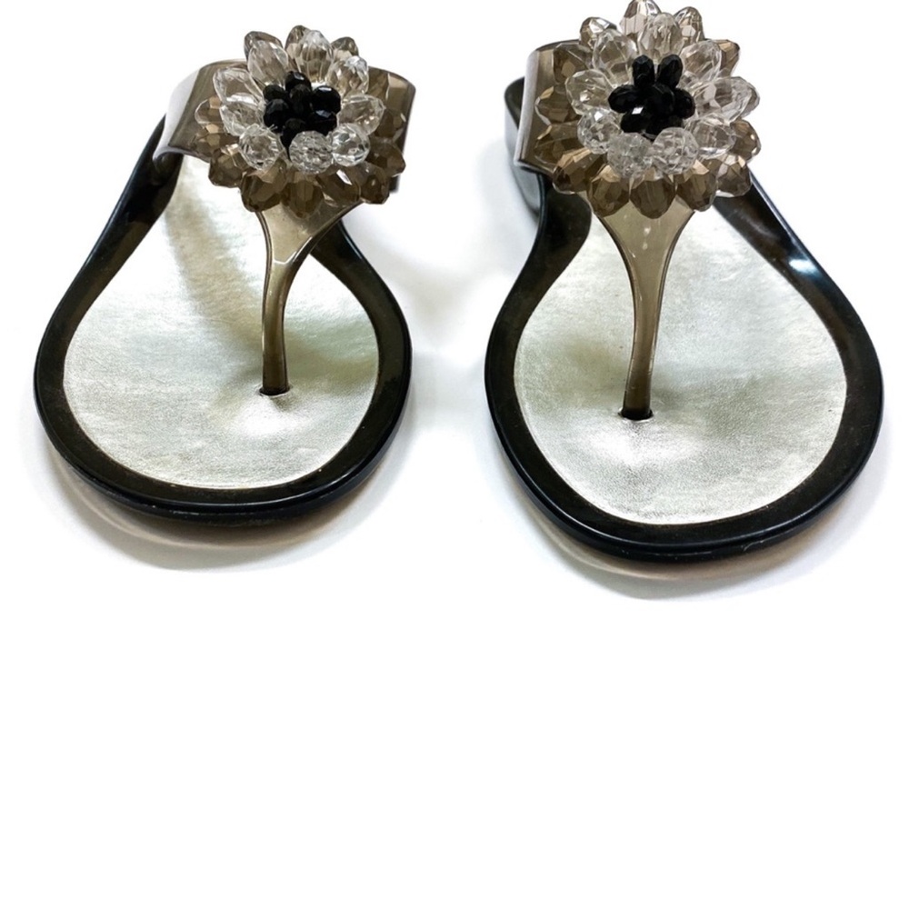 BCBGeneration Black Jelly Thong Sandals with Crystal Floral Accent